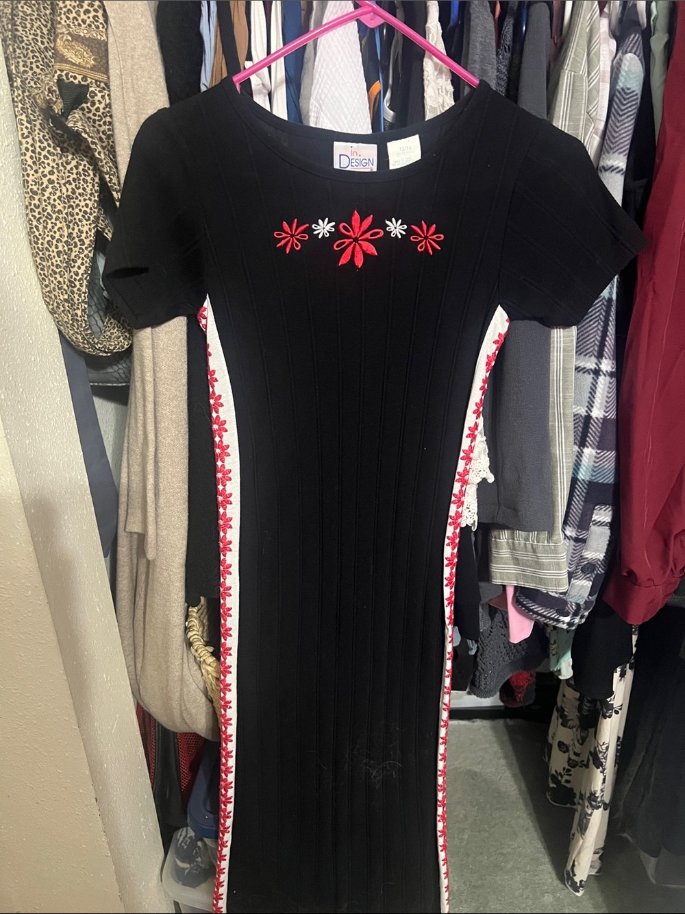 Vintage 2000s In Design Black Midi Dress with Red and White Floral Trim